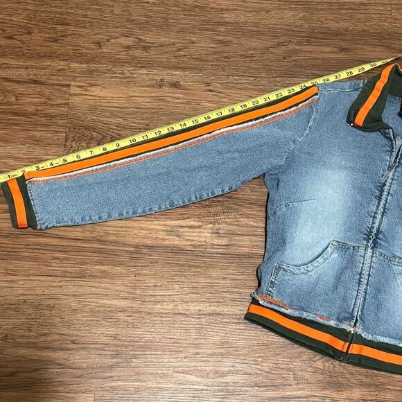 Vintage Fubu Women's Denim Zip Up Jacket with Orange and Green Stripe Accents L - Picture 14 of 16